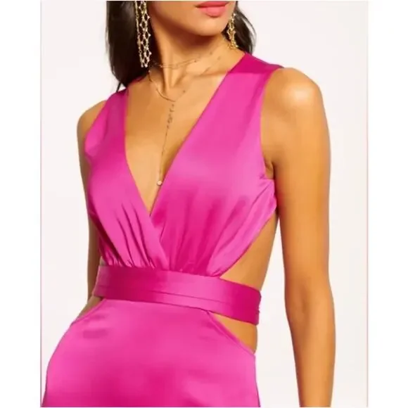 Ramy Brook Milan Gown Open Back Column Gown Dress Hot Pink Stretch Satin  Size 10